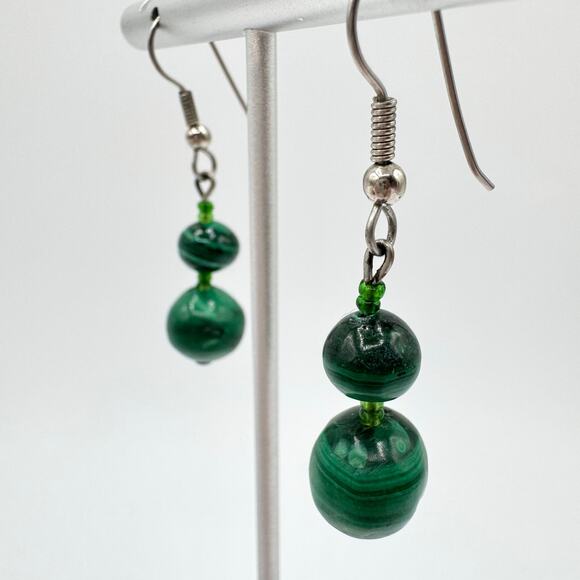 Green Malachite Gemstone Bead Earrings Dangle Lapidary Gem Earthy Forestcore - Picture 8 of 12
